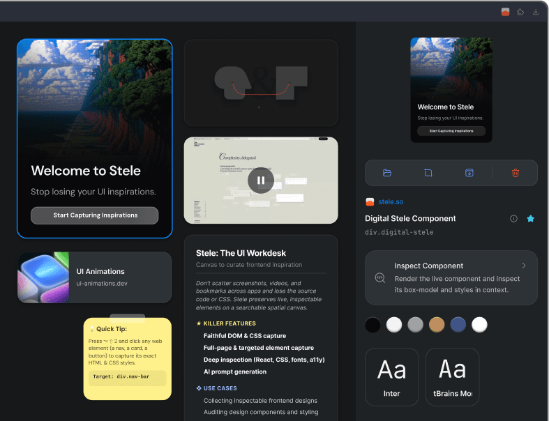 A Stele canvas holding captured UI: a live element capture, a bookmark, a video, colour tokens and a sticky note, beside an inspector.